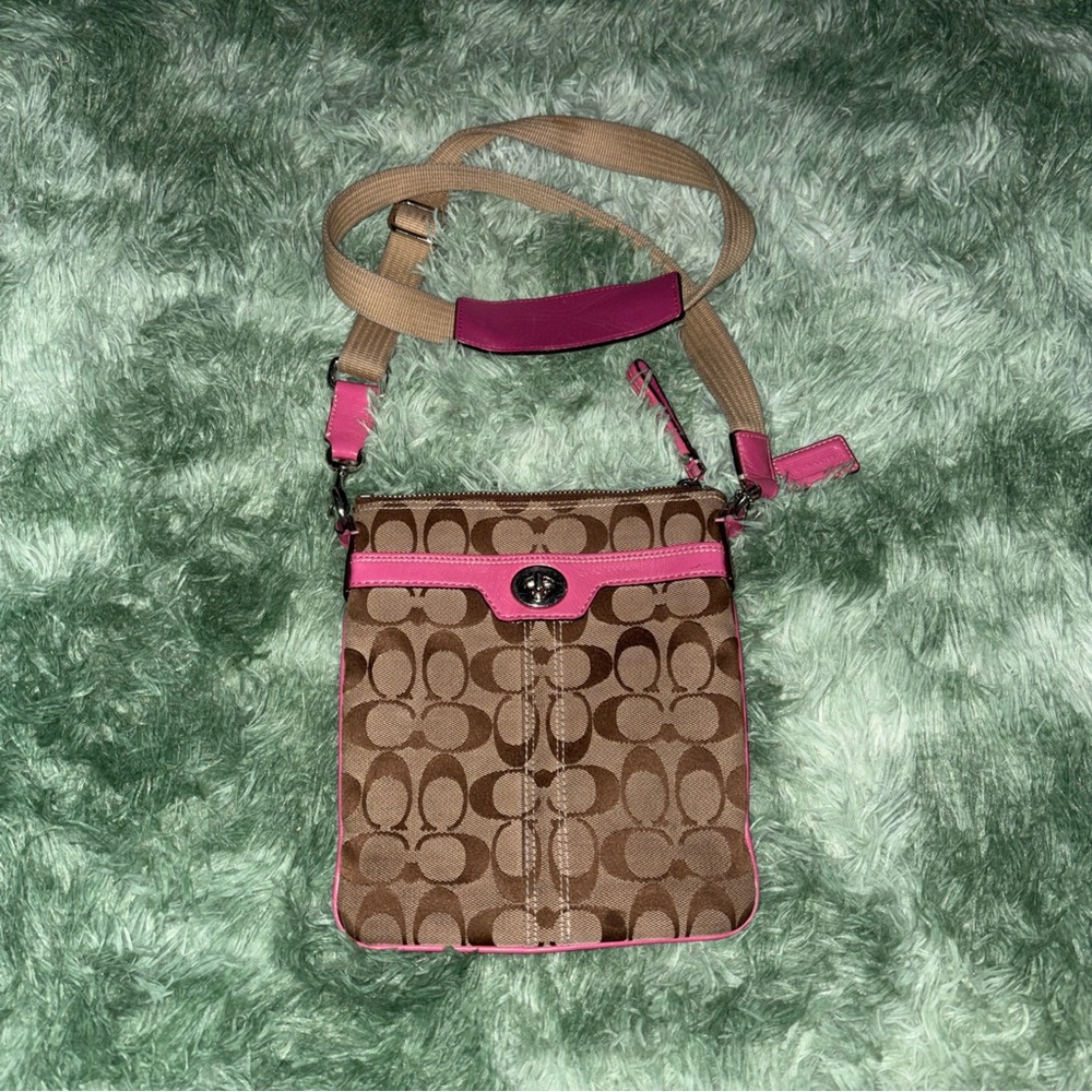 Coach Tan and Pink Signature Crossbody Bag